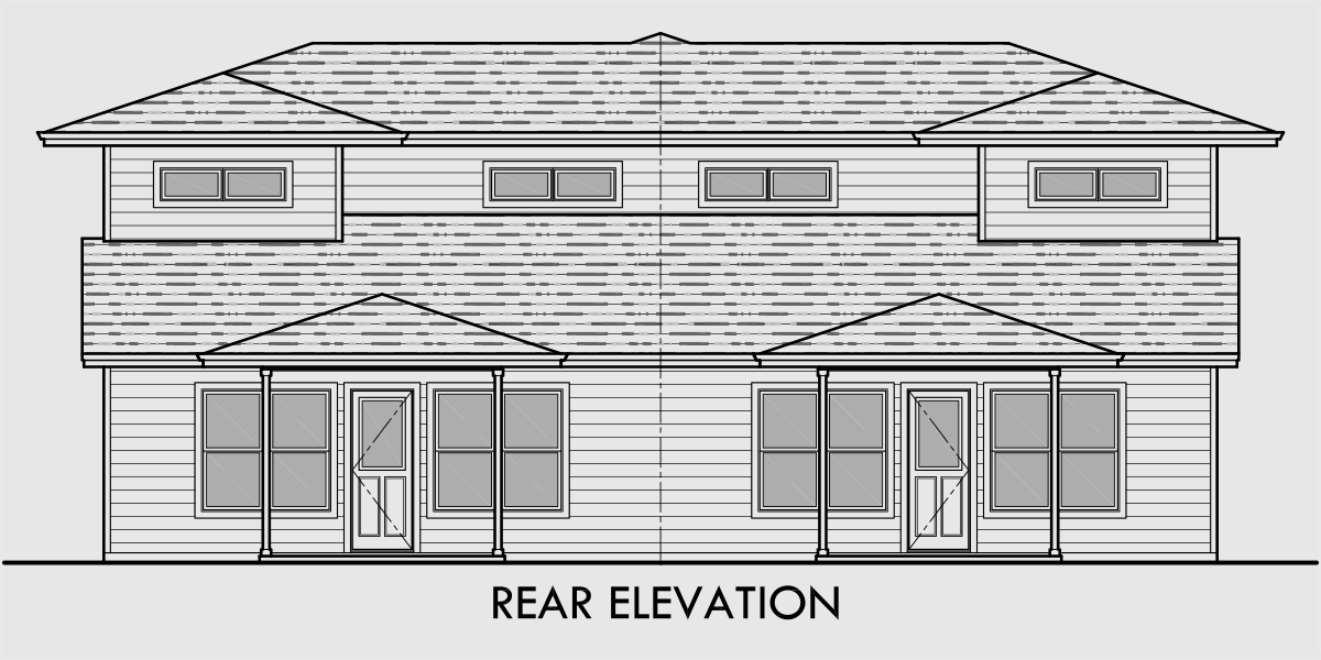 House rear elevation view for D-625 Modern prairie duplex house plan, 4 bedroom, master on the main floor