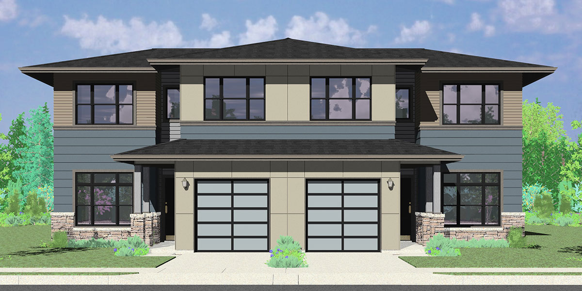 D-625 Modern prairie duplex house plan, 4 bedroom, master on the main floor