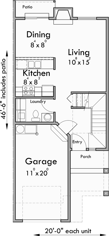 Main Floor Plan for F-589 Row house style four plex house plan