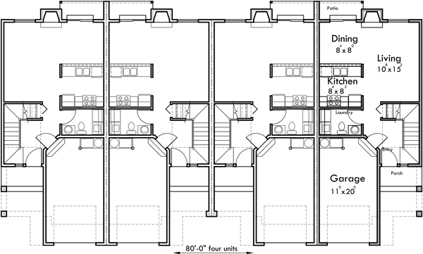 Main Floor Plan 2 for F-589 Row house style four plex house plan