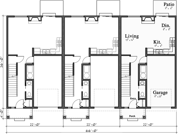Main Floor Plan for T-426 Triplex house plan with basement