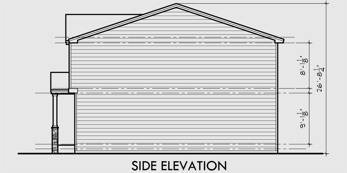 House rear elevation view for T-426 Triplex house plan with basement