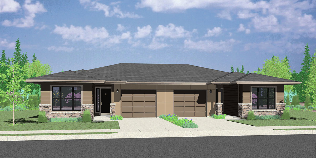 One Story Duplex House Plans With Garage In The Middle ...
