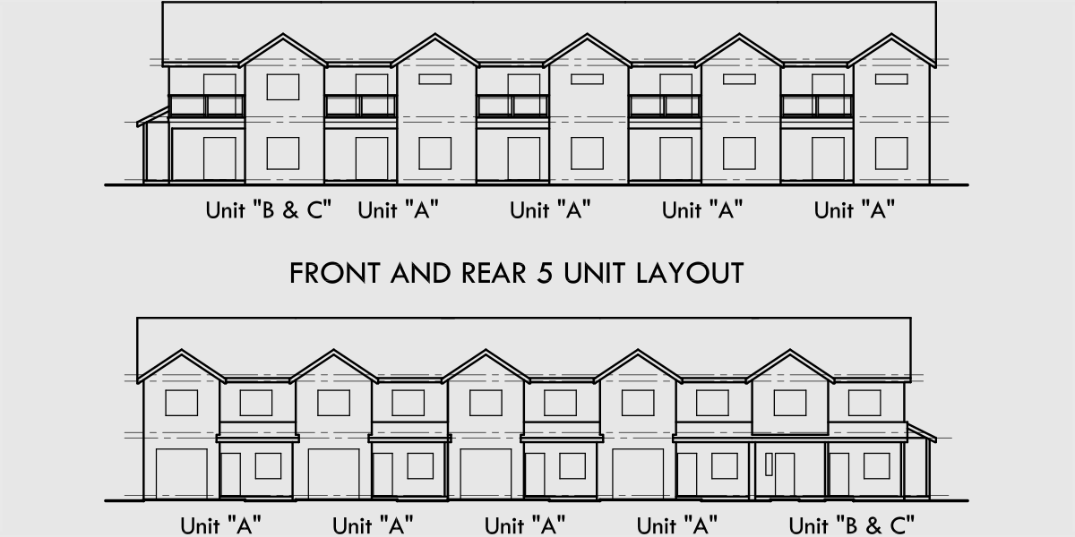 House rear elevation view for FV-579 Townhouse plan with cabana room, gym, office FV-579