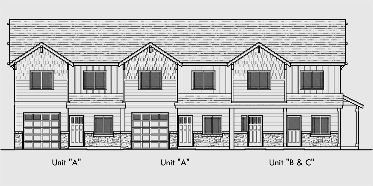 House front color elevation view for FV-579 Townhouse plan with cabana room, gym, office FV-579