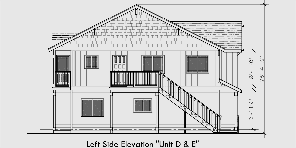 House rear elevation view for FV-580 Five plex town house plan, with ADA accessible, FV-580