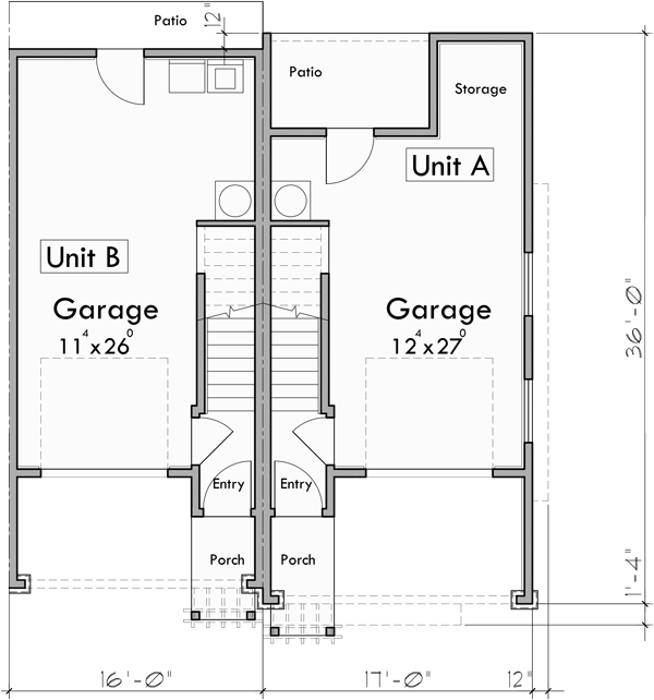 Lower Floor Plan for F-587 Four Plex House Plan: 2 & 3 Bedroom Plans F-587