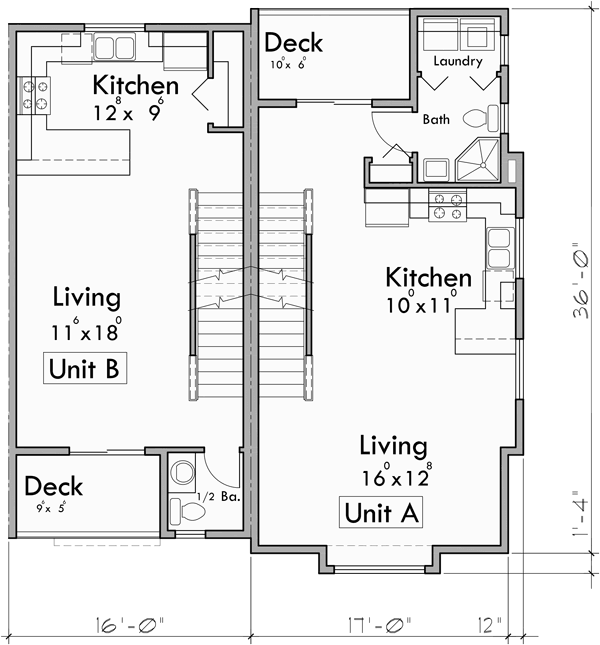 Main Floor Plan for F-587 Four Plex House Plan: 2 & 3 Bedroom Plans F-587