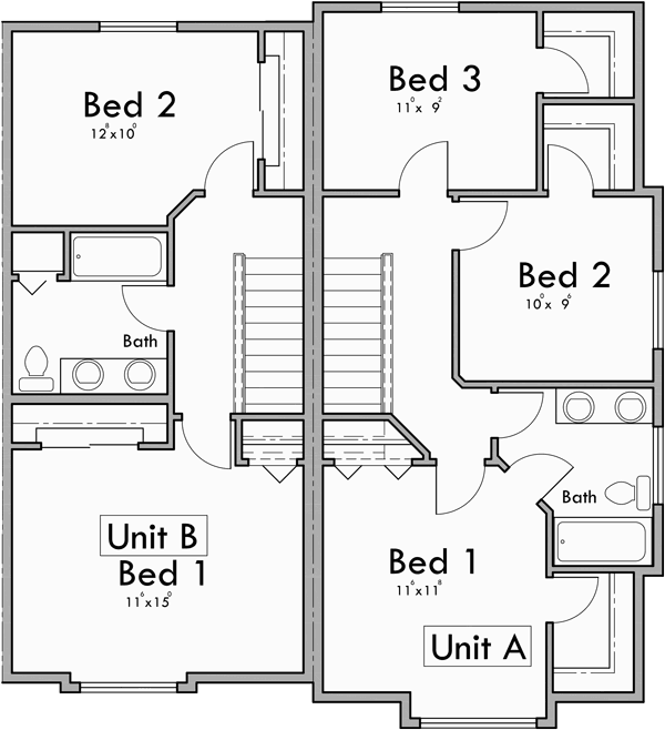 Upper Floor Plan for F-587 Four Plex House Plan: 2 & 3 Bedroom Plans F-587