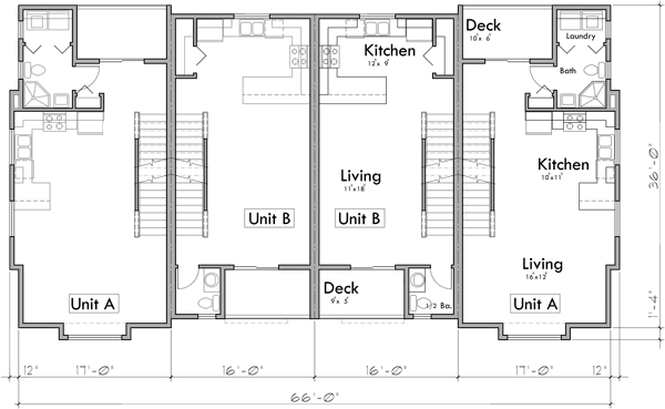 Main Floor Plan 2 for F-587 Four Plex House Plan: 2 & 3 Bedroom Plans F-587