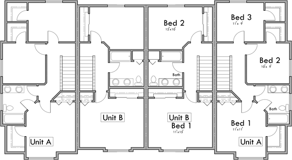 Upper Floor Plan 2 for Four Plex House Plan: 2 & 3 Bedroom Plans F-587