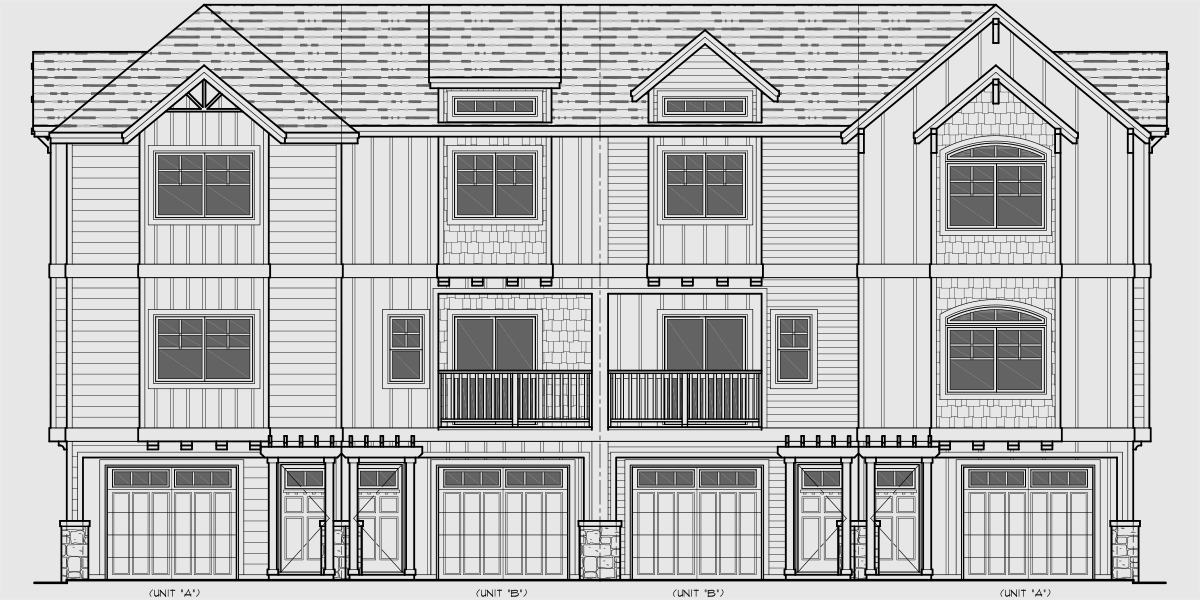 House front drawing elevation view for F-587 Four plex house plan 2 and 3 bedroom plans F-587