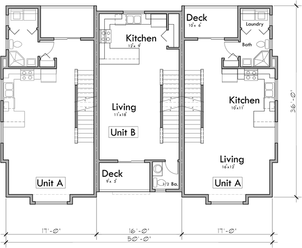Main Floor Plan 2 for T-424 Triplex house plan 2 and 3 bedroom plans T-424
