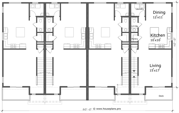 Main Floor Plan 2 for F-583 Four unit town house plan 4 bedroom master on main floor F-583