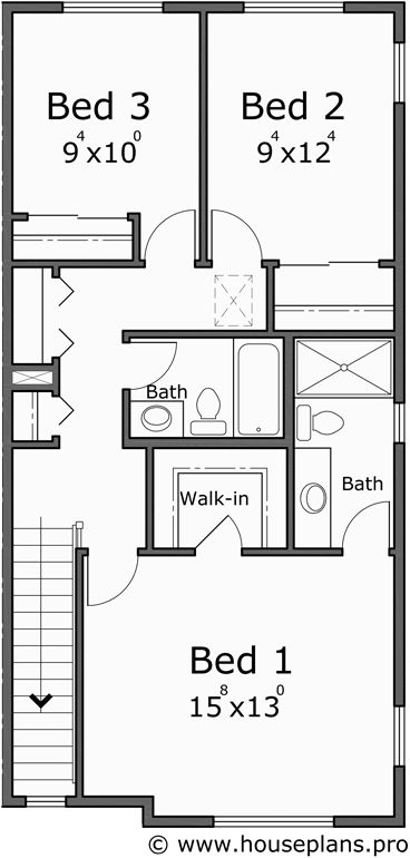 Upper Floor Plan for F-583 Four unit town house plan 4 bedroom master on main floor F-583