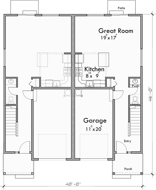 Main Floor Plan for D-637 Duplex house plan zero lot line townhouse D-637