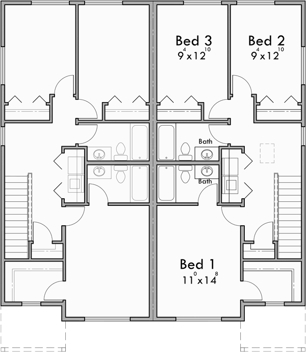 Upper Floor Plan for D-637 Duplex house plan zero lot line townhouse D-637