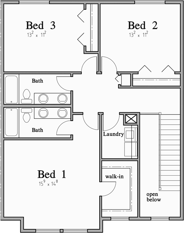 Upper Floor Plan for D-638 Duplex House Plan with Two Car Garage D-638