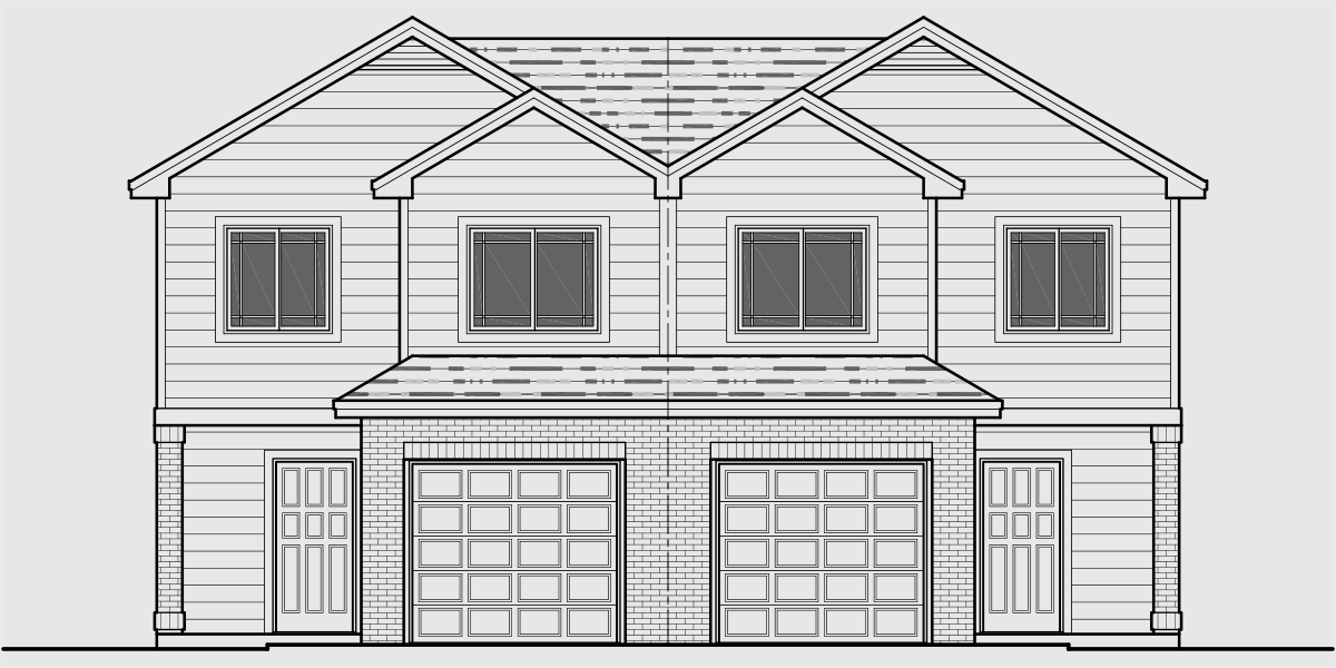 House front drawing elevation view for D-626 Duplex house plan with brick veneer at garage D-626