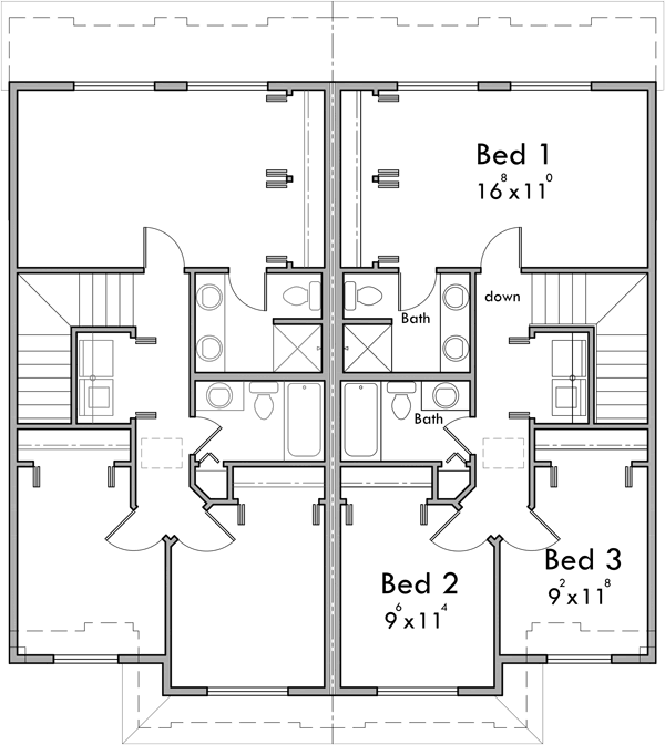 Upper Floor Plan 2 for Duplex house plan with brick veneer at garage D-626