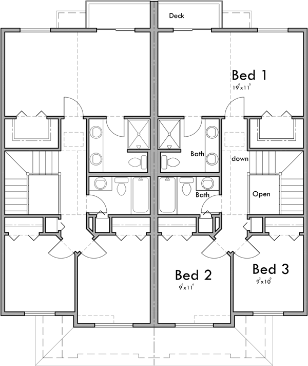 Upper Floor Plan 2 for 2 Story Townhouse Plan