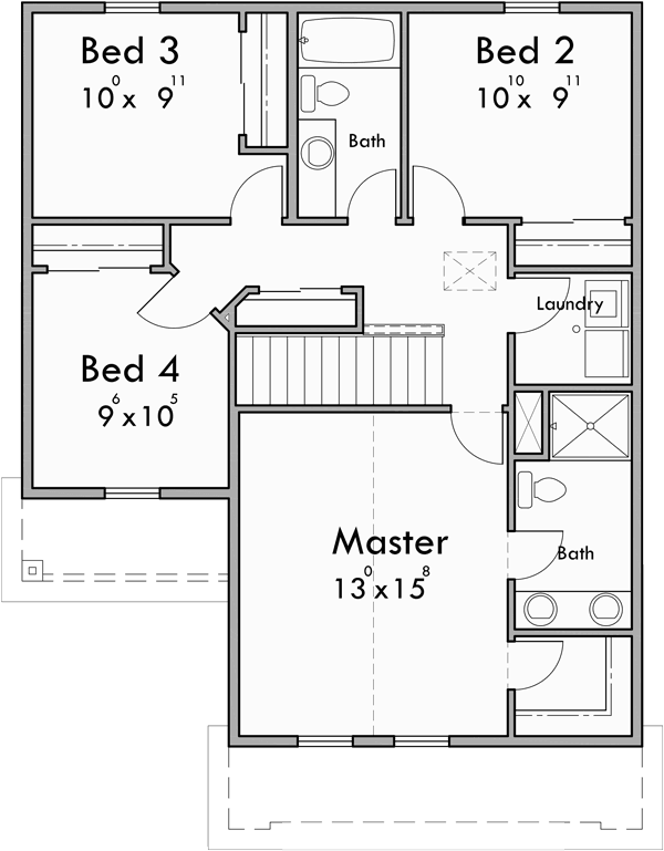 Upper Floor Plan for 10193 Narrow 2 Story, 5 Bedroom House Plan with 2 Car Garage and Basement 10193