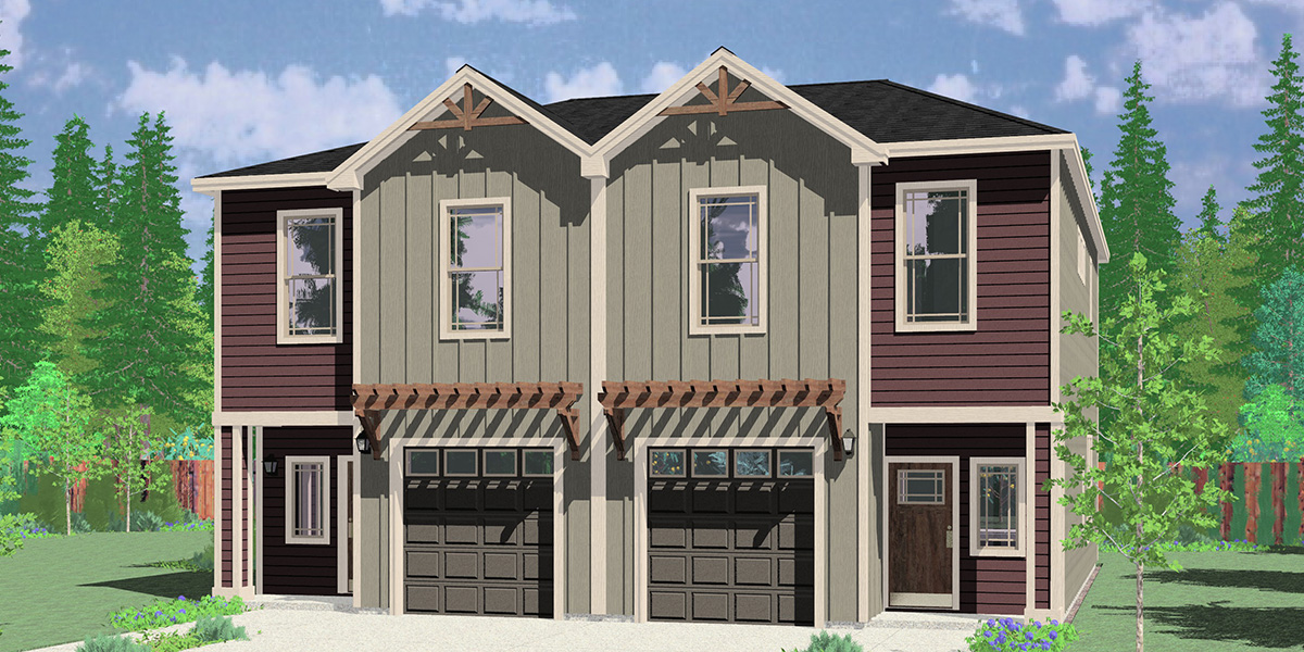 House front color elevation view for D-640 3 Bedroom Duplex House Plan for Warmer Climates with 2x4 exterior walls & slab foundation