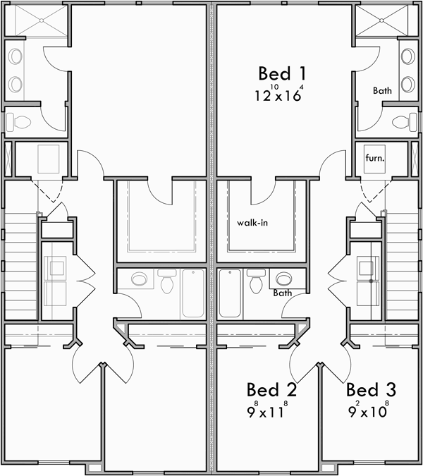 Upper Floor Plan for D-640 3 Bedroom Duplex House Plan for Warmer Climates