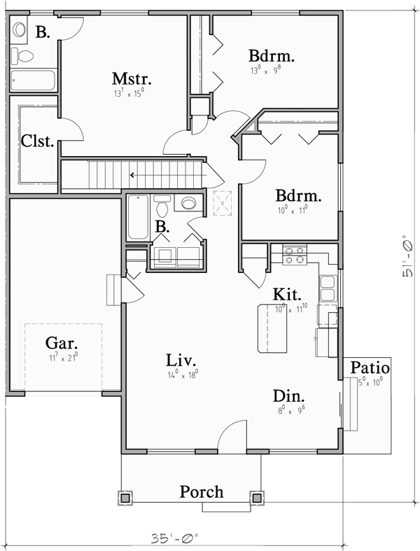 Main Floor Plan for D-628 Ranch Duplex House Plan With Basement