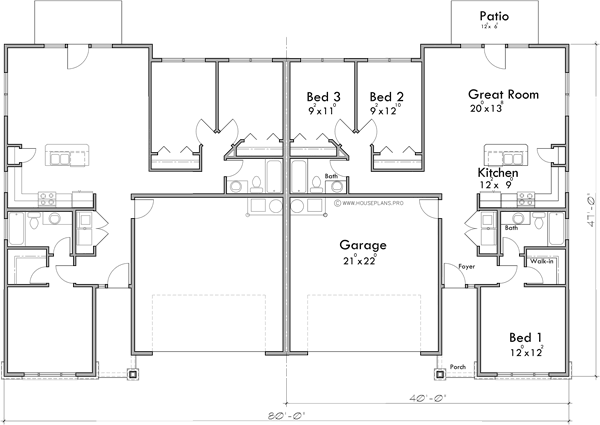 Main Floor Plan 2 for D-641 One Story Duplex House Plan With Two Car Garage