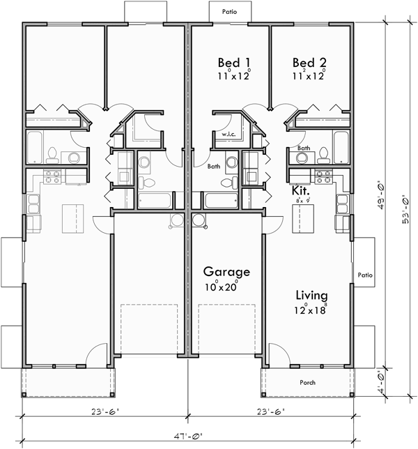 Main Floor Plan for D-647 2 Bedroom & 2 Bath Duplex House Plan for Narrow Lot