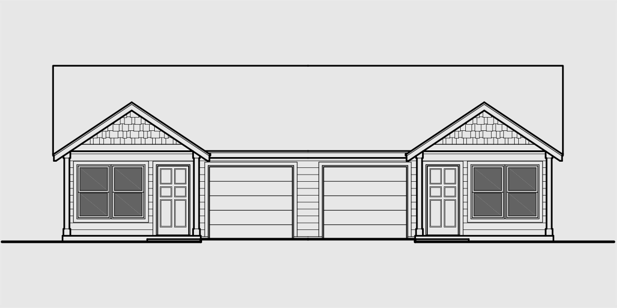 House front drawing elevation view for D-647 2 Bedroom & 2 Bath Duplex House Plan for Narrow Lot