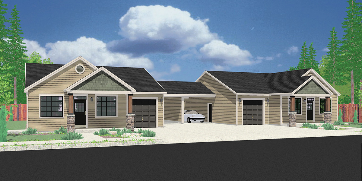 D-645 Single Story Duplex House Plan: 3 Bedroom, 2 Single Car Garages, & a Carport D-645