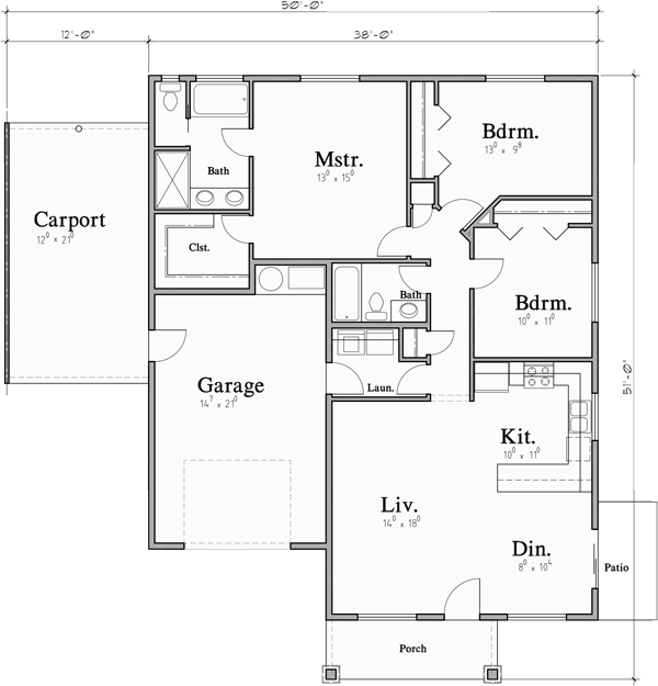  One  Story  Duplex House  Plan  With 3 Bedrooms And Carport  D 645