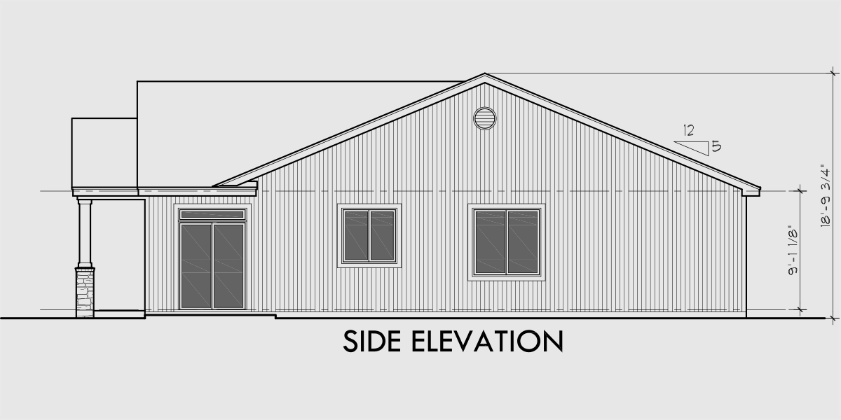 House rear elevation view for D-645 One story duplex house plan with 3 bedrooms and carport D-645