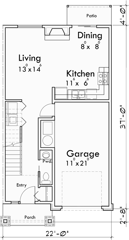 Main Floor Plan for F-597 Four plex house plan brownstone F-597