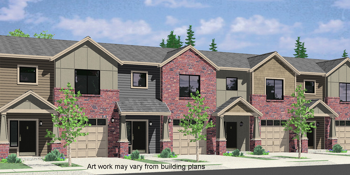 House front color elevation view for F-597 Four plex house plan brownstone F-597