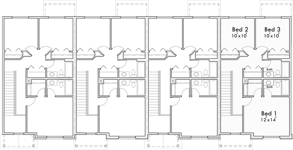 Upper Floor Plan 2 for Four plex house plan brownstone F-597