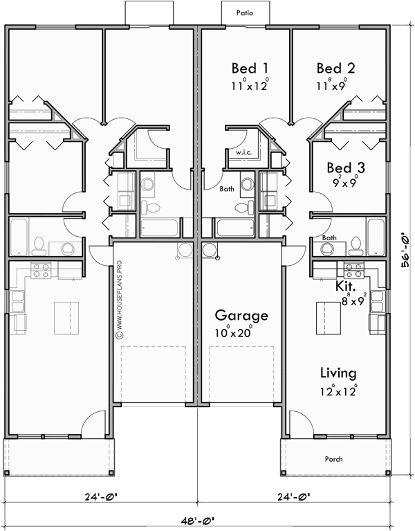 Duplex House Plan With Garage In Middle