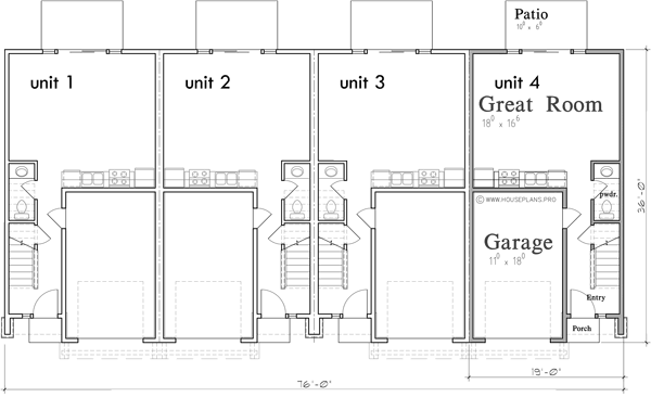 Main Floor Plan 2 for F-599 Four Plex Building Plans with 2 Bedroom, 2.5 Bath, 4 Single Car Garages F-599