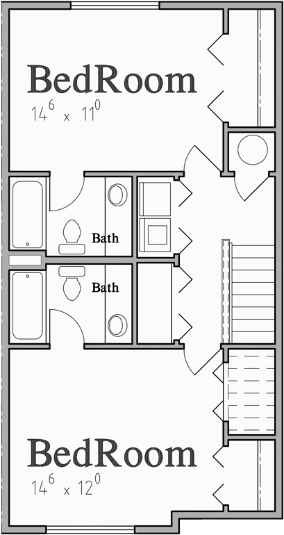 Upper Floor Plan for F-599 Four Plex Building Plans with 2 Bedroom, 2.5 Bath, 4 Single Car Garages F-599