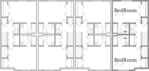 Upper Floor Plan 2 for Four Plex Building Plans with 2 Bedroom, 2.5 Bath, 4 Single Car Garages F-599