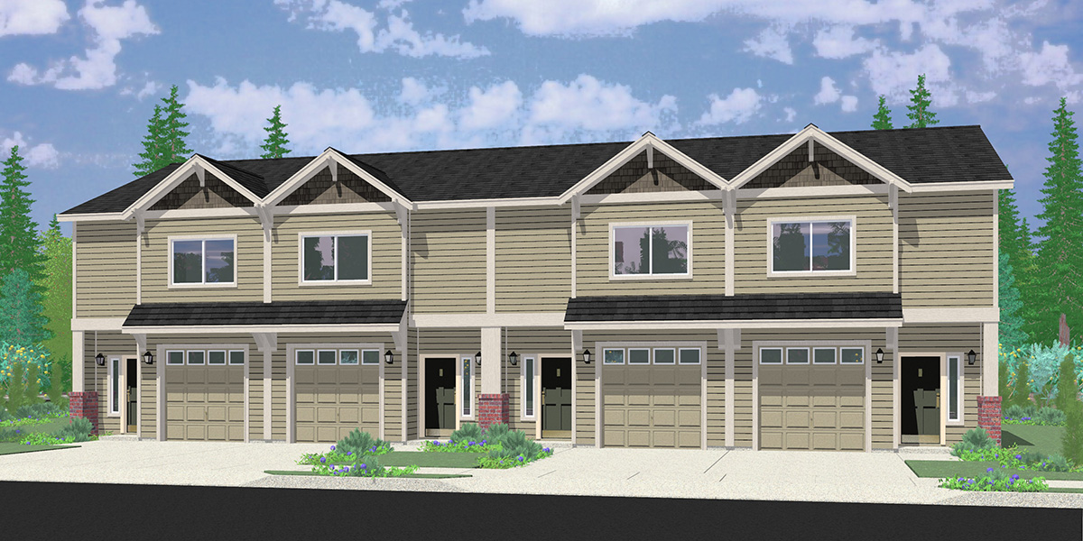 F-599 Four Plex Building Plans with 2 Bedroom, 2.5 Bath, 4 Single Car Garages F-599