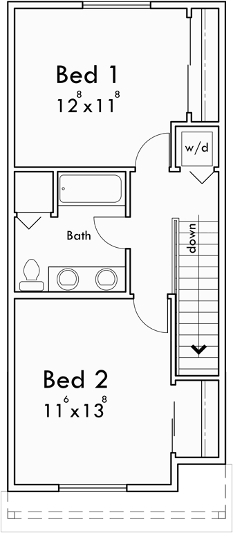 Upper Floor Plan for F-595 Narrow Fourplex House Plan