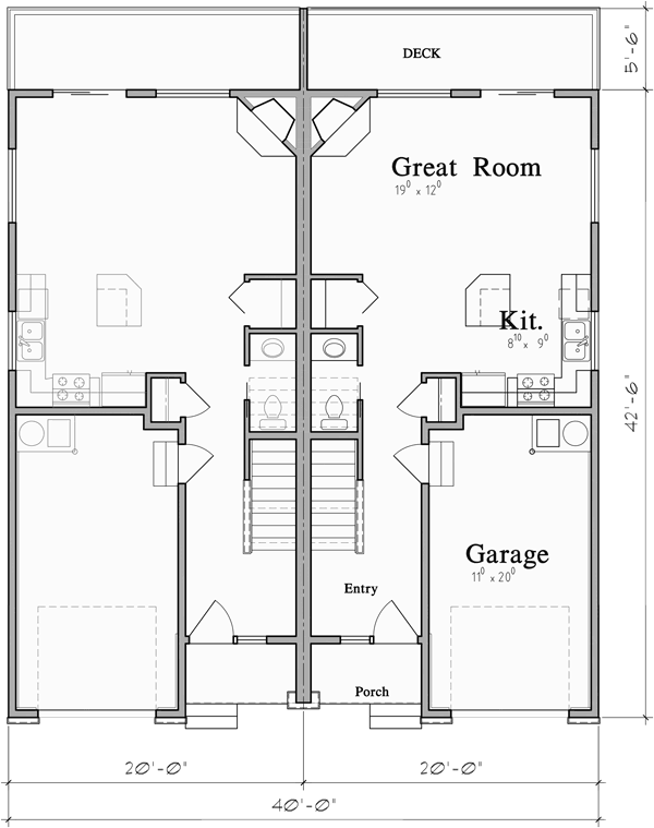 Main Floor Plan for D-648 Sloping Lot Duplex House Plan 