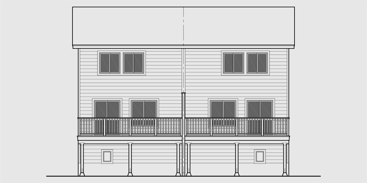 House rear elevation view for D-648 Sloping Lot Duplex House Plan  