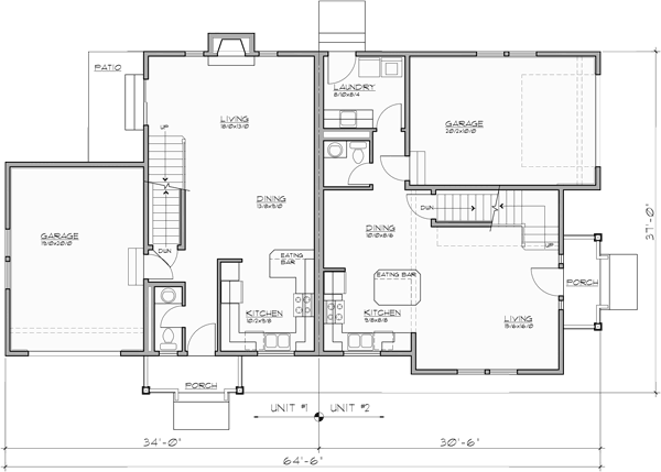 Main Floor Plan for D-654 Corner lot duplex house plan with basement D-654