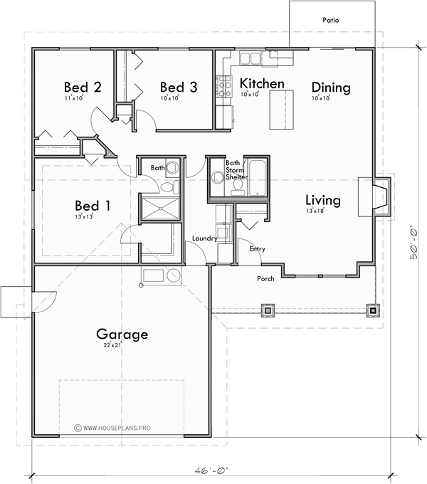 Ranch House Plan, With Safe House Storm Room, 10201