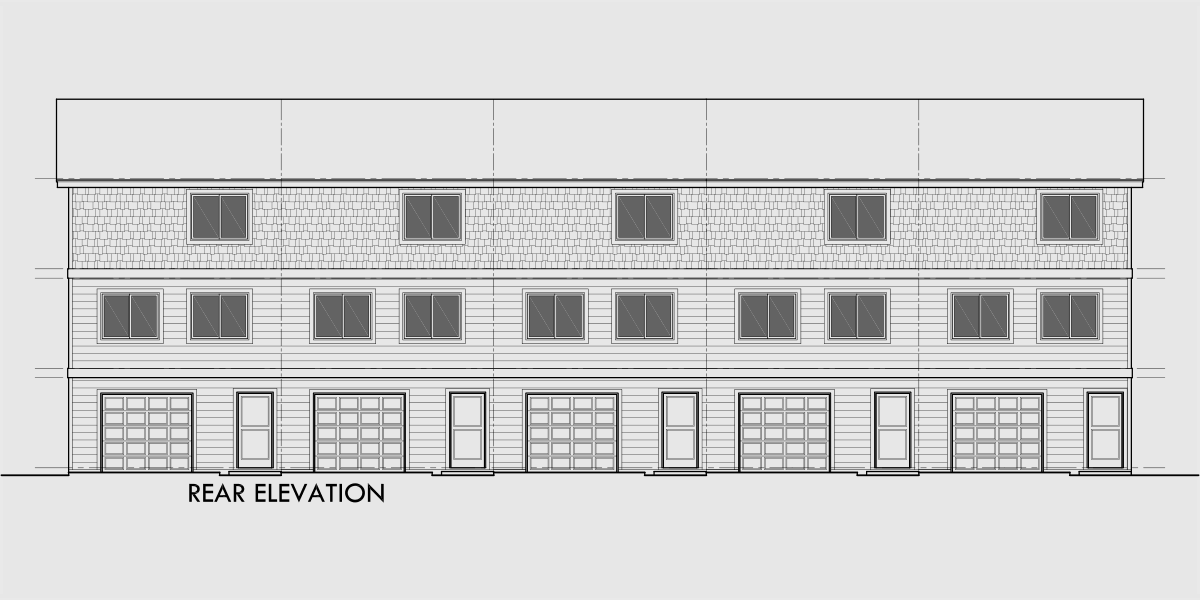 House rear elevation view for FV-601 Five plex, town house plans with rear garage, FV-601