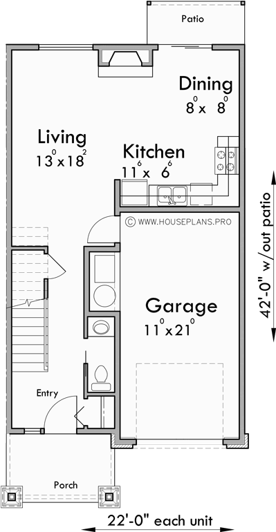 Main Floor Plan for FV-605 Custom 5 Plex Townhouse Plan